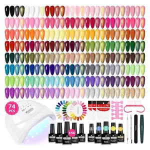 Gel Nail Polish Kit with U V Light 74 Pcs Gel Polish Nail Set 56 All Seasons Colors Nail Polish Set + Base and 4 Effects Top Coat with Manicure Tools Complete Nail Kit Gifts for Women