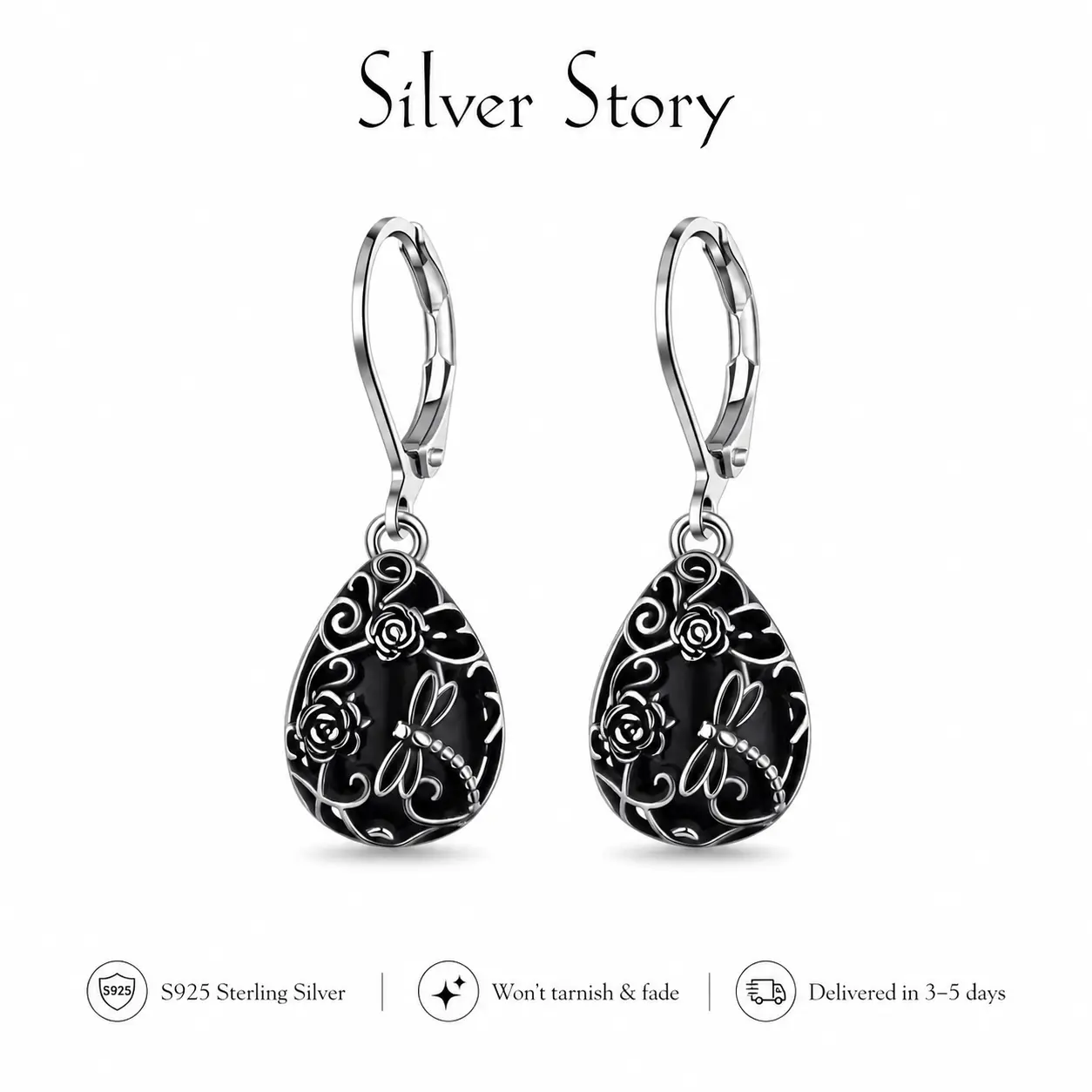 925 Sterling Silver Black Obsidian Teardrop Earrings with Dragonfly Design, Elegant Vintage, Hollow-out Flower for Women, Mystery and Protection Spiritual Healing Jewelry for Girls for Daliy Wear
