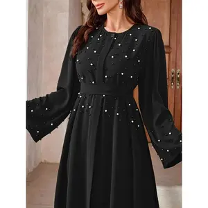 Elegant Pearl Embellished Burgundy Abaya with Long Sleeves and Belt - Perfect for Ramadan and All Seasons, Allseason Abaya | Elegant Abaya | Pearl Embellishments, Abaya Dress