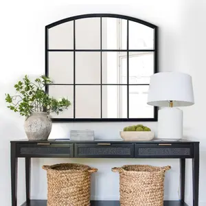 Window Pane Black Mirror,Farmhouse Arched Wall Mirror,Mantel Mirror for Fireplace/Entryway/Hallway/Living Room,36"X 36"