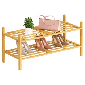 2-Layer Shoe Rack, Stackable Shoe Rack Storage Rack, Suitable for Closet Corridors, Bamboo Stackable Shoes Rack Organizer Free Standing Shoe Shelf for Entryway and Closet Hallway