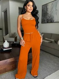 USBoutiqueCHIC Women's Spring Summer Short Top & Wide Leg Pants Set 365GSM Comfort Fit Lounge Wear Casual Two Piece Outfit in Navy Blue