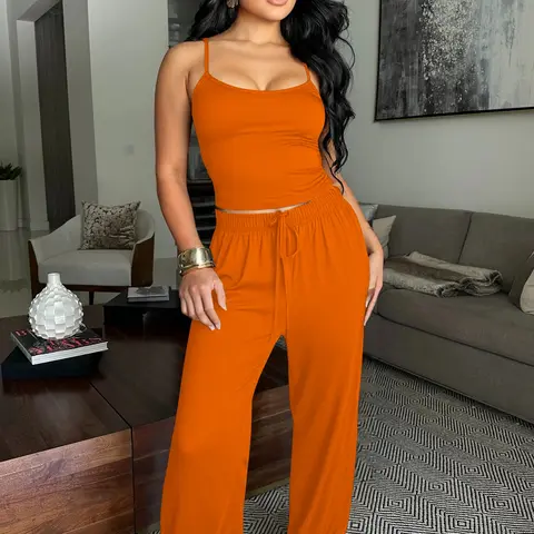 USBoutiqueCHIC Women's Spring Summer Short Top & Wide Leg Pants Set 365GSM Comfort Fit Lounge Wear Casual Two Piece Outfit in Navy Blue
