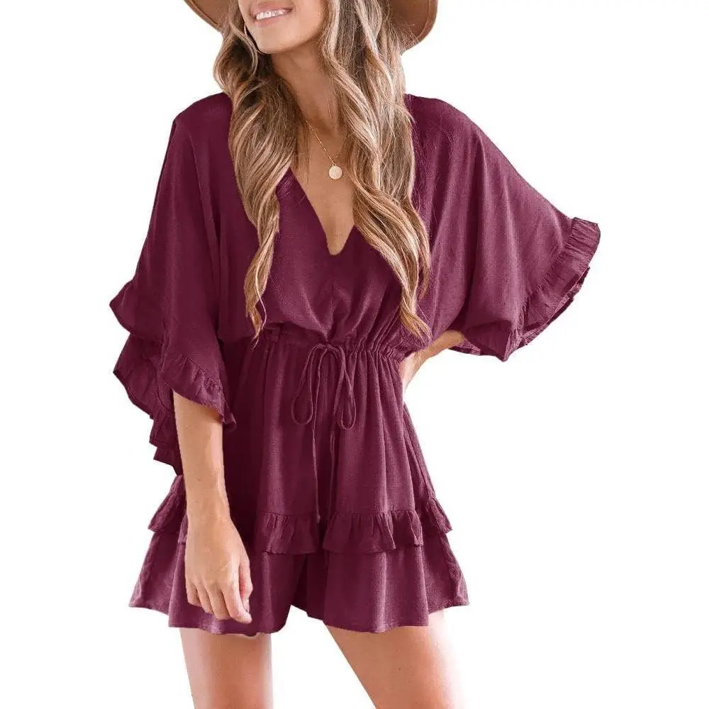 Valphsio Women's V Neck Beach Romper Ruffle Layered Drawstring Waisted Shorts Jumpsuit Casual Loose Fit with Side Pockets & Hoodies Design Floral Print Cute Chic Womenswear Cap