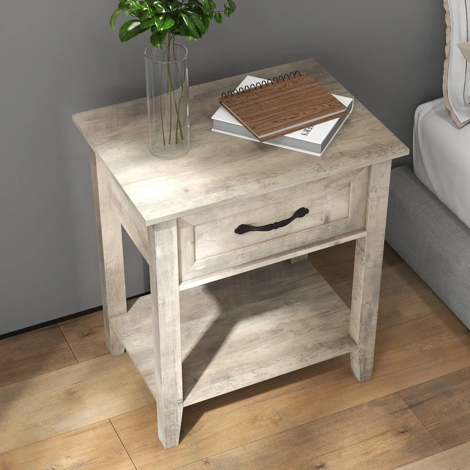 Garvee Set of 2 bedside cabinets with Drawer & Open Shelf, 23.4" Tall Narrow Wood Bedside Tables/End Tables for Bedroom, Living Room, Dorm or Sofa - Grey/White