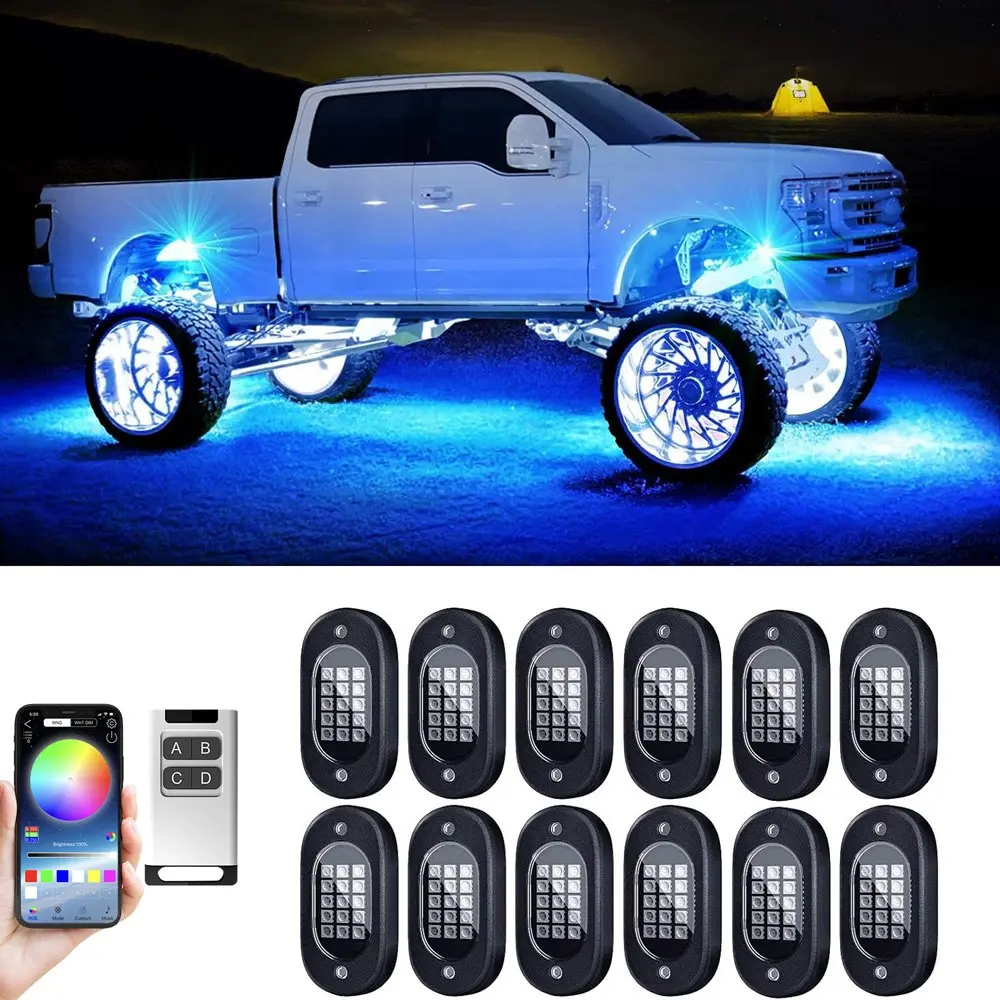 RGB LED Rock Light with Installation wires and accessories, Car Led Lights, Car Decorative Light, Waterproof IP68 CAR Rock Light with APP/RF Control, Neon Underglow Kit, Car Atmosphere Lamp, Gift Box Packaging, Pickup SUV ATV, Men's gift