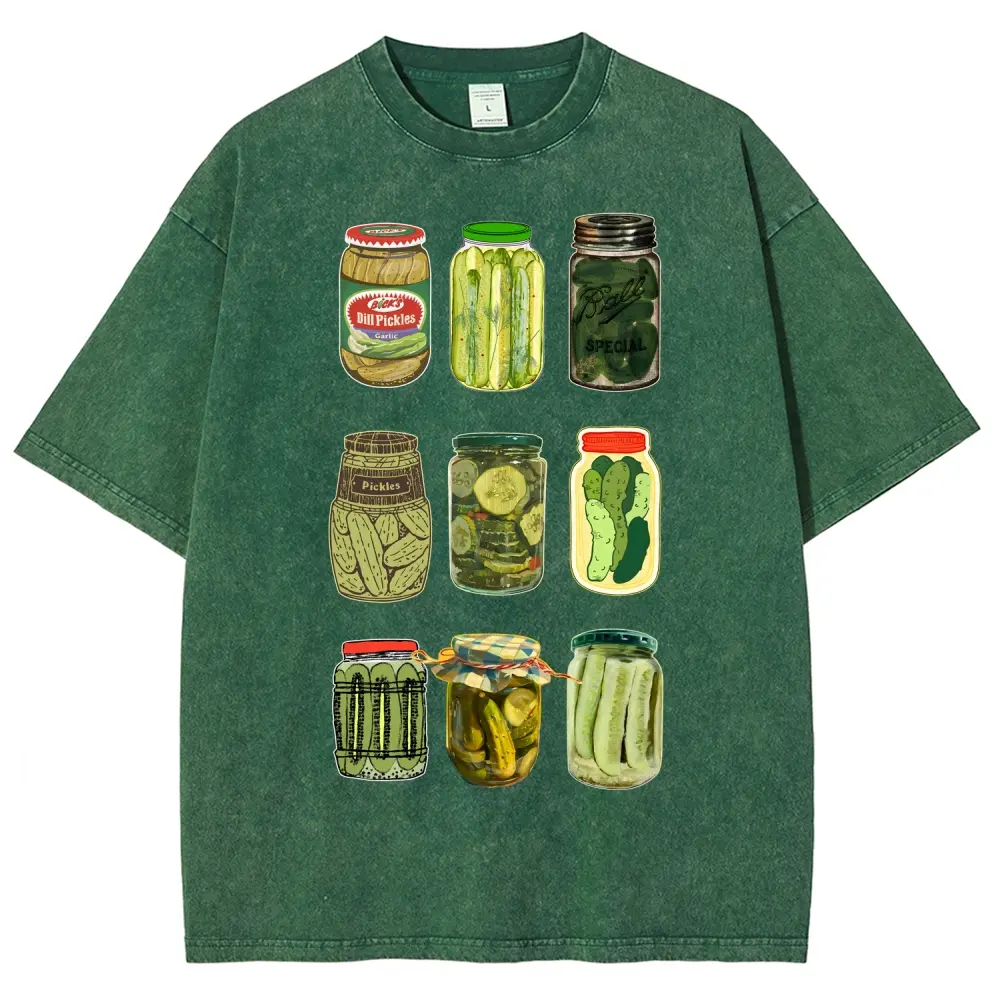 Vintage Washed Graphic T-Shirt, Casual Oversized Short Sleeve Unisex Top in Heavyweight 100% Cotton with a Funny Pickle Jar Print