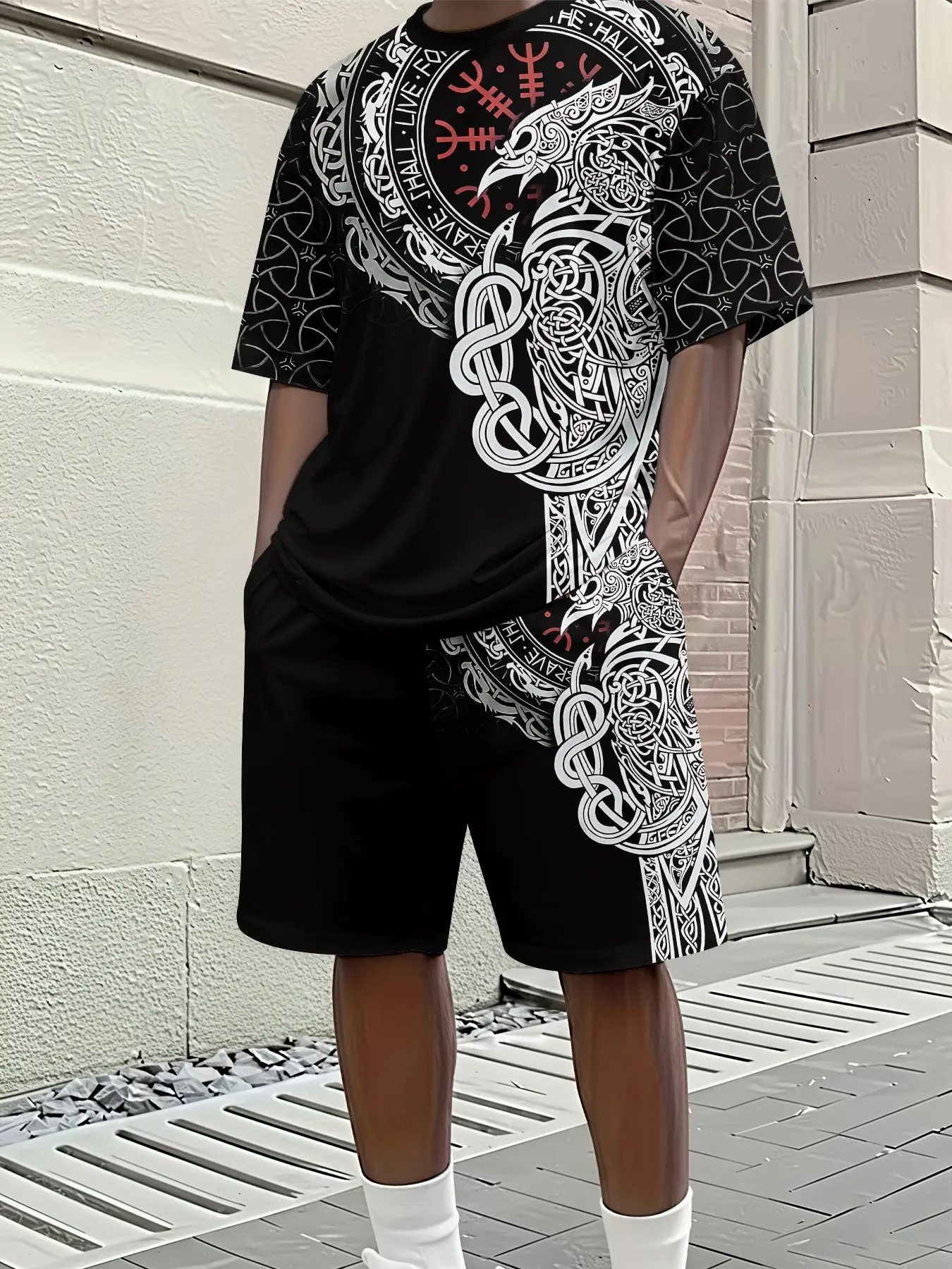 Viking Crow Totem 3D Digital Printed Two-Piece Set, 2Pcs, Trendy Stylish Fashion Suit, Trendy Retro Casual Two-Piece Set, Vacation Style Trendy Outfit, Breathable Sports Casual Style, Perfect Holiday Gift for Men