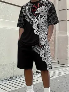Viking Crow Totem 3D Digital Printed Two-Piece Set, 2Pcs, Trendy Stylish Fashion Suit, Trendy Retro Casual Two-Piece Set, Vacation Style Trendy Outfit, Breathable Sports Casual Style, Perfect Holiday Gift for Men