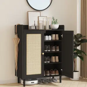 5-Layer Rattan Shoe Cabinets With 2 Doors, Entrance Door Storage Shoe Cabinet with Free-Standing Adjustable Shelves, Suitable for Living Room, Bedroom, Hallway, Closet, Entryway