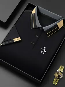Men's Penguin Gentleman Print Polo Shirt, Elastic Casual Breathable All-Season Wear, Comfortable Durable High-End Fitted Blouse