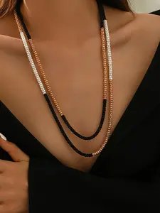 Women's Double Layer Beaded Necklace, Seed Beads, Adjustable Extender Chain, Casual Elegant Lockbone Pendant
