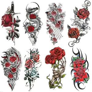 8pcs Colorful Rose Skull Hand Dragon Sword Arm Temporary Tattoos, Waterproof Realistic Tattoo Stickers, Party & Event Body Art, Tattoo Paper, Waterproof Matte Tattoo