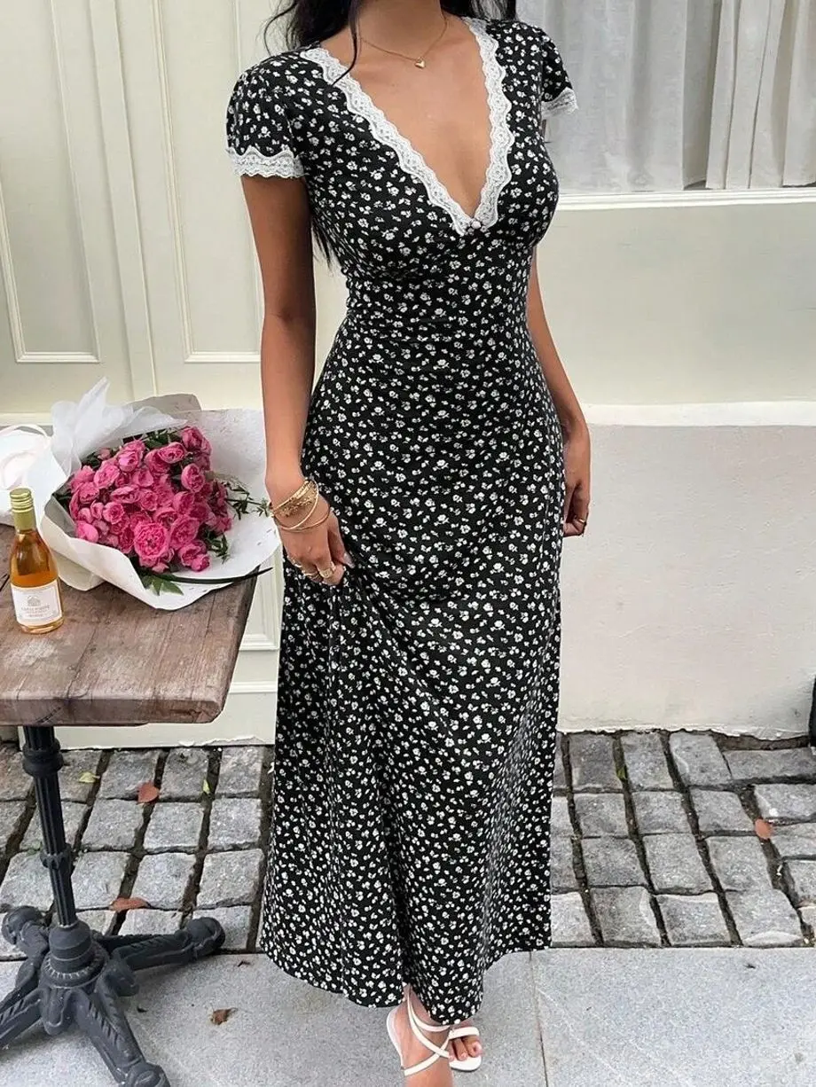 Blue Ditsy Floral Lace Maxi Dress | V-Neck Waist Flared Style | Beach Party Cocktail