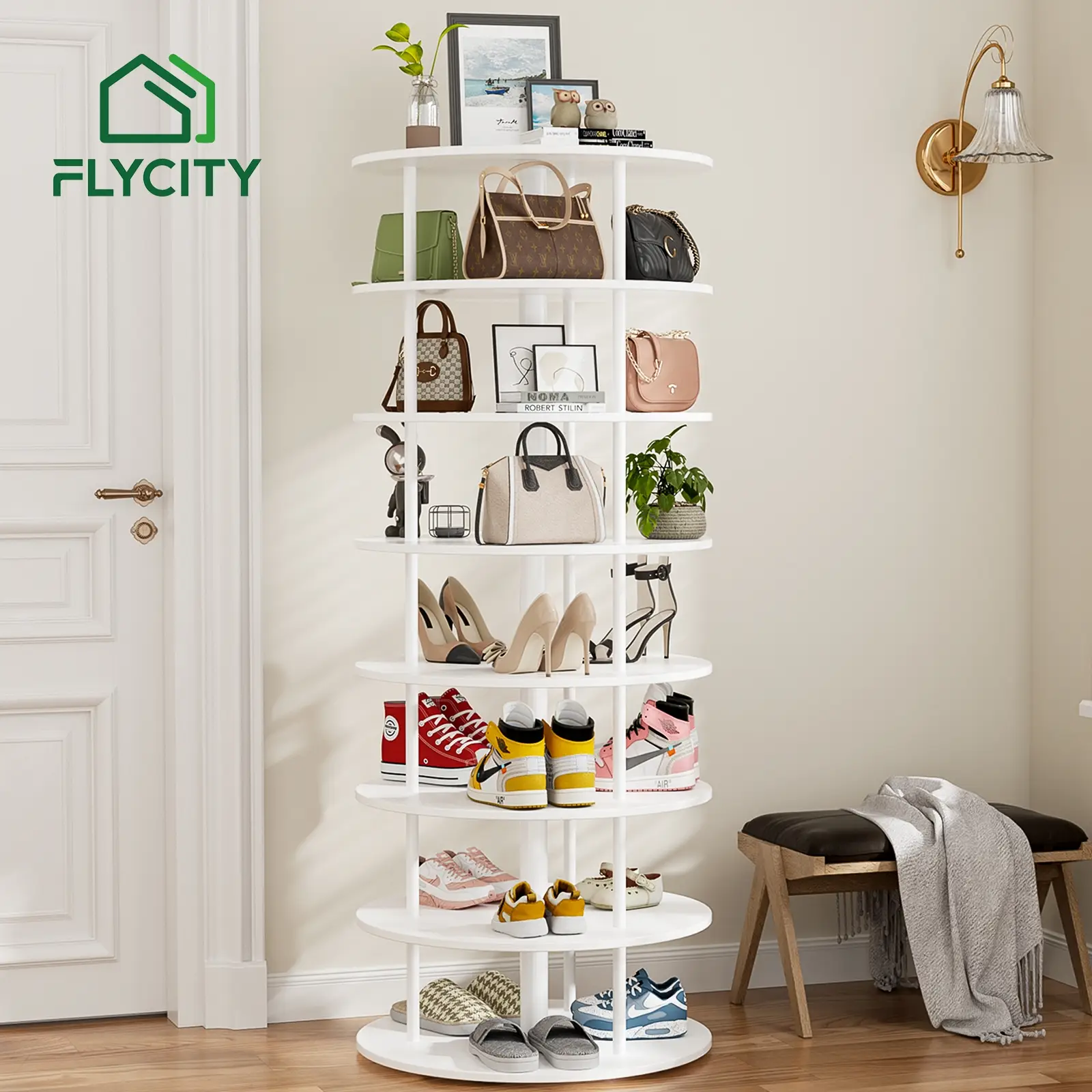 Flycity 7-Tier Rotating Shoe Rack Tower with 360° Revolving Design & Steel Columns – Space-Saving Lazy Susan Organizer for Shoes, Bags, Accessories, C