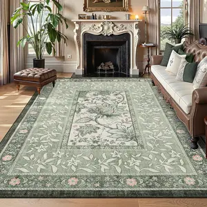 Sage Green 5x7 Low-Pile Area Rug, Botanical Grove Vintage Cottagecore Non-Slip Washable Carpet, Rugs for Living Room, Bedroom Nursery Kitchen, Living Room Rugs