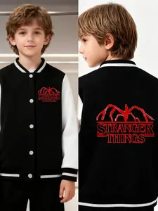 Stranger Things King Of The Realm Embroidery Boys' And Girls' Spring/Autumn New Style Cool Baseball Jacket Pullover Coat, Fashionable, Casual, Comfortable, Daily Outdoor Versatile Top, Ideal Gift Choice
