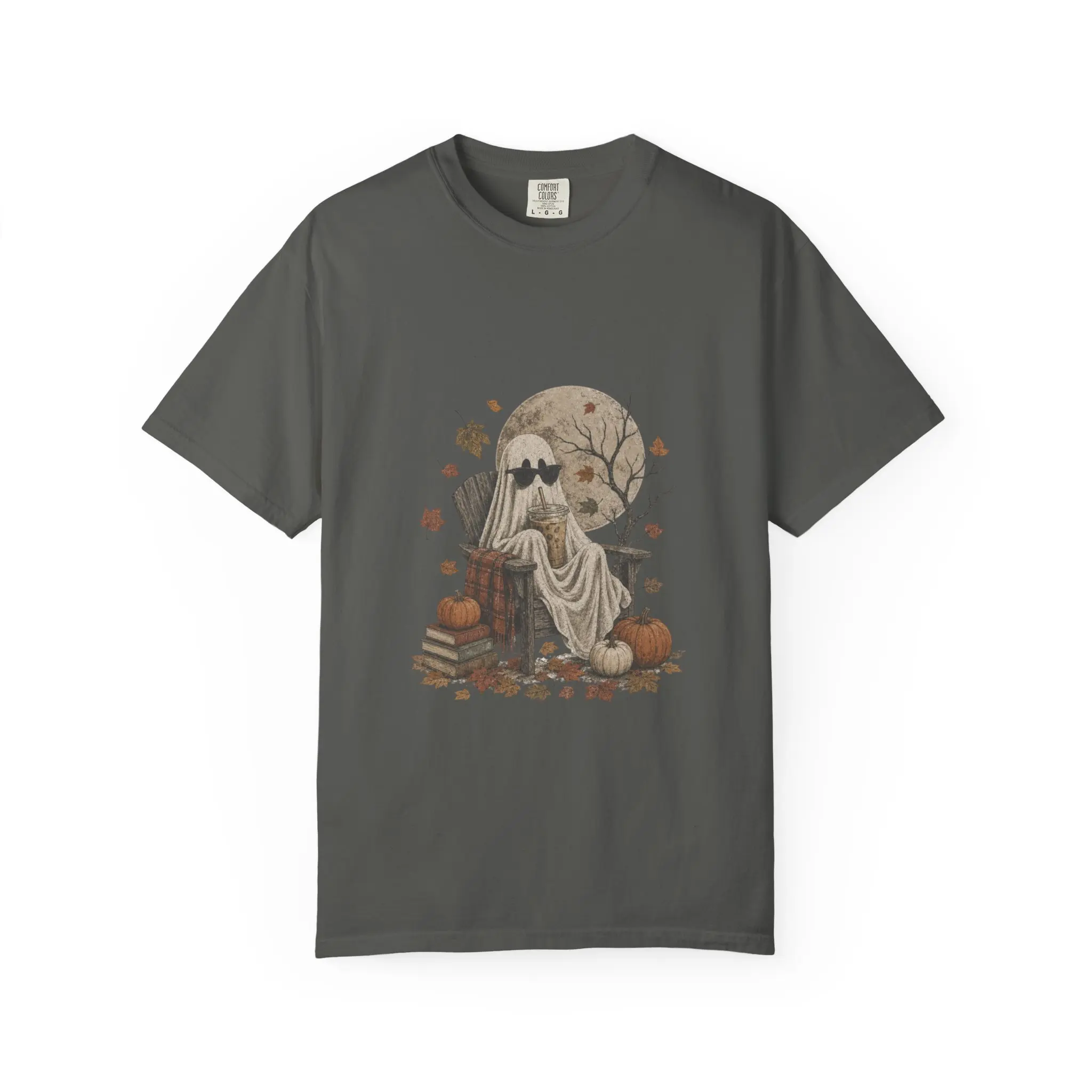 Ghost Reading Among Pumpkins T-shirt | Halloween Moonbook Illustration Cotton Day