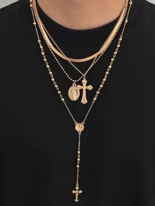 Men's Punk Style Jesus Cross Pendant Necklace Set, Vintage Metal Geometric Round Pendants, Multi-Layer Alloy Cuban Link Chain Jewelry for All Seasons