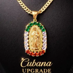 Virgen de Guadalupe - 14K Gold Plated Upgraded Chain 20" 24-Inches 4mm Colorful Virgin of Guadalupe Religious Brass Pendant Necklace for Men & Women