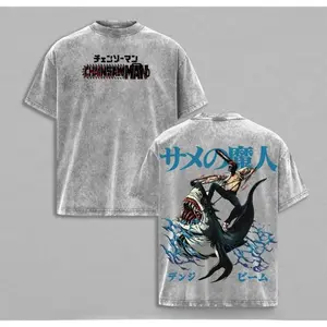 Chainsaw Man Vintage Washed Anime T-Shirt | Denji & Beam Shark Fiend Graphic Tee | Oversized Streetwear Shirt | Heavy Cotton Retro Manga Gift for Chainsaw Man Fans，Chainsaw Man anime merchandise