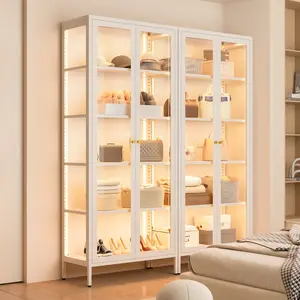 Glass Display Storage Cabinet 5-Tier with LED Lights, 67" Tall Metal Curio Cabinets, 4 Adjustable Shelves, Large Display Case for Collectibles