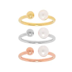 JTV White Cultured Freshwater Pearl 18k Yellow Gold And Rhodium Over Bronze Ring Set of 3