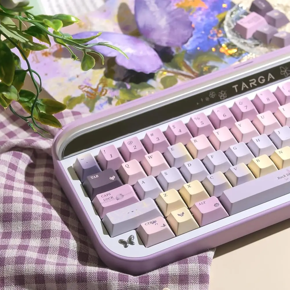 147-Key Purple Butterfly Theme PBT Keycaps, Cherry Profile Dye Sublimation Custom Keycap Set for 61/64/68/84/87/100/104/108 ANSI ISO Layout MX Switches Gaming Mechanical Keyboard