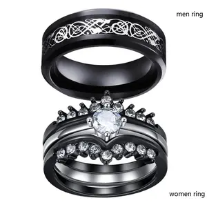 2 Rings His And Hers Couple Rings Black Plated 3pcs Womens Wedding Ring Sets Titanium Steel Mens Ring Wedding Bands