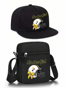 Fashion Steelers Girls Graphic Print Set, Unisex Flat Brim Hip-Hop Baseball Cap and Crossbody Bag, Adjustable Street Style Gift