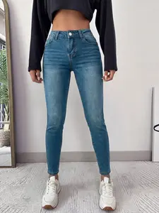 Women's Washed Denim Elastic Comfort Fabric Jeans Womenswear, Slim Fit High Waist Pants, Casual All-Season Wear, Stylish Versatile Design