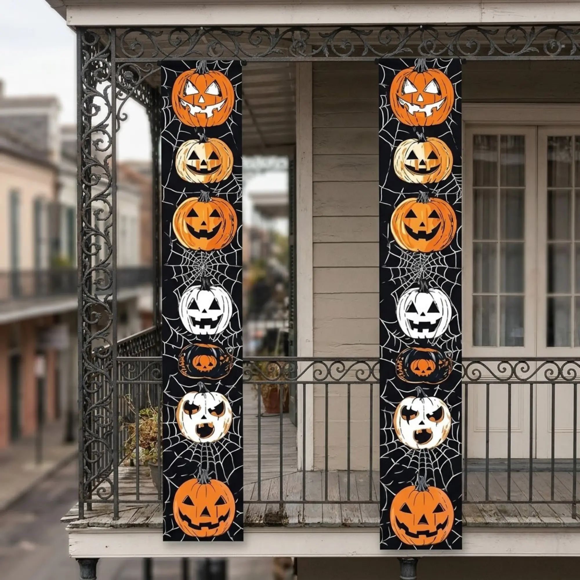 Halloween Pumpkin Door Banners with Spider Web Design – Spooky Jack-O’-Lantern Hanging Porch Decor for Front Door and Outdoor Entryway