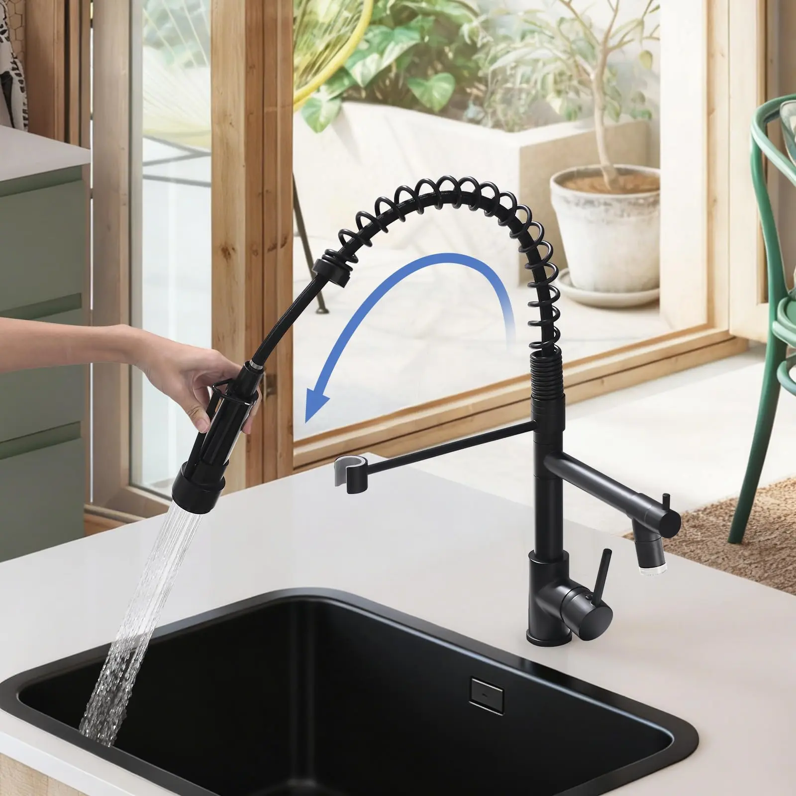 Kitchen Faucet With Pull-Down Spray Head, Commercial Spring-Loaded Single-Handle Sink Faucet, 360-Degree Rotating Black Faucet, Suitable For Kitchen Sinks, Bar Sinks, And Rv Kitchen Sinks.