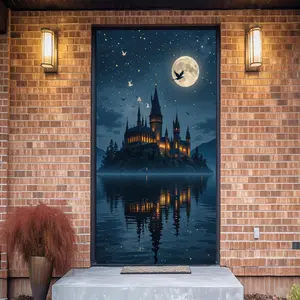 Magic Castle Door Width Background Wall Decor Banner, Moonlit Enchanted Castle Design, Washable PU Fabric for Year-Round Decor & Party Photography, 70.87 x 35.43 Inches with Easy Installation