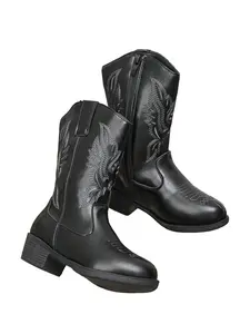 Boys Girls Autumn Winter Embroidered Anti-Slip Western Boots, Decorative Pattern Mid-Calf Kids Shoes, Comfortable and Stylish, Round Toe Cowboy Boots