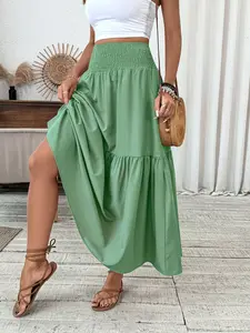 Women's Layered Tiered Flowy Elegant Floral Print Skirt with Elastic Waist, Pleats, and Pockets