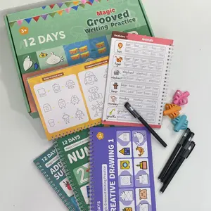 Magic Grooved Writing Practice Books for Kids Ages 3-10 Early Learning Set with Spiral-Bound Activity Books for Number Recognition Letter Basics Simple Math Vocabulary & Creative Drawing Eco-Friendly Gift Box
