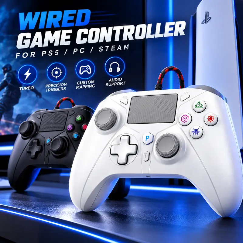 Wired USB Game Controller for PS5 PS4 Windows PC Plug and Play Auto Recognition Gamepad with Touchpad 3.5mm Headset Audio Jack Turbo Macro Programming Dual Vibration RH518