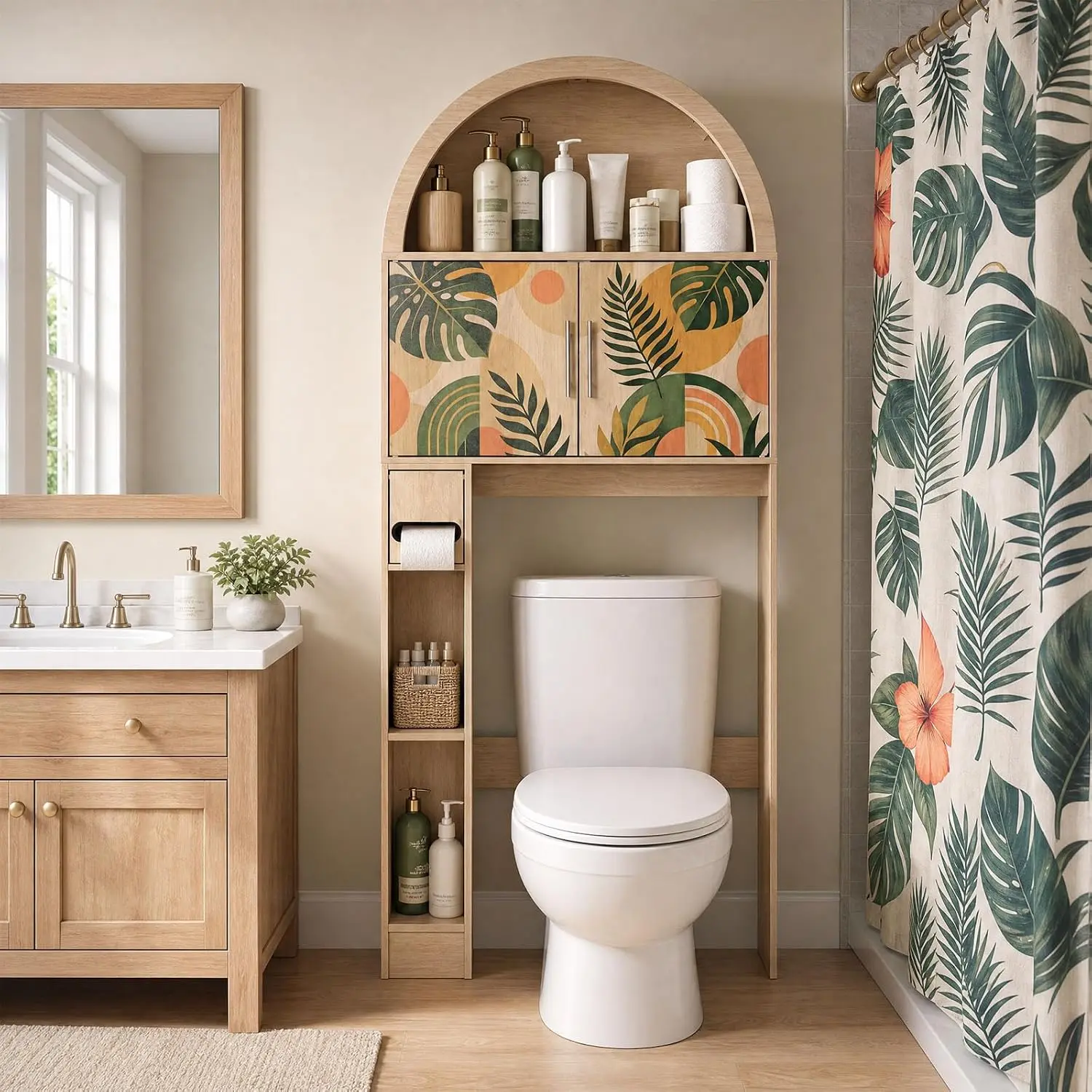 Oakault Over The Toilet Storage Cabinet with Tropical Doors, Bathroom Storage Cabinet, Adjustable Shelves, Arched Top,Open Organizer Shelf, Toilet Paper Holder for Bathroom, Laundry,Natural Wood sohochic