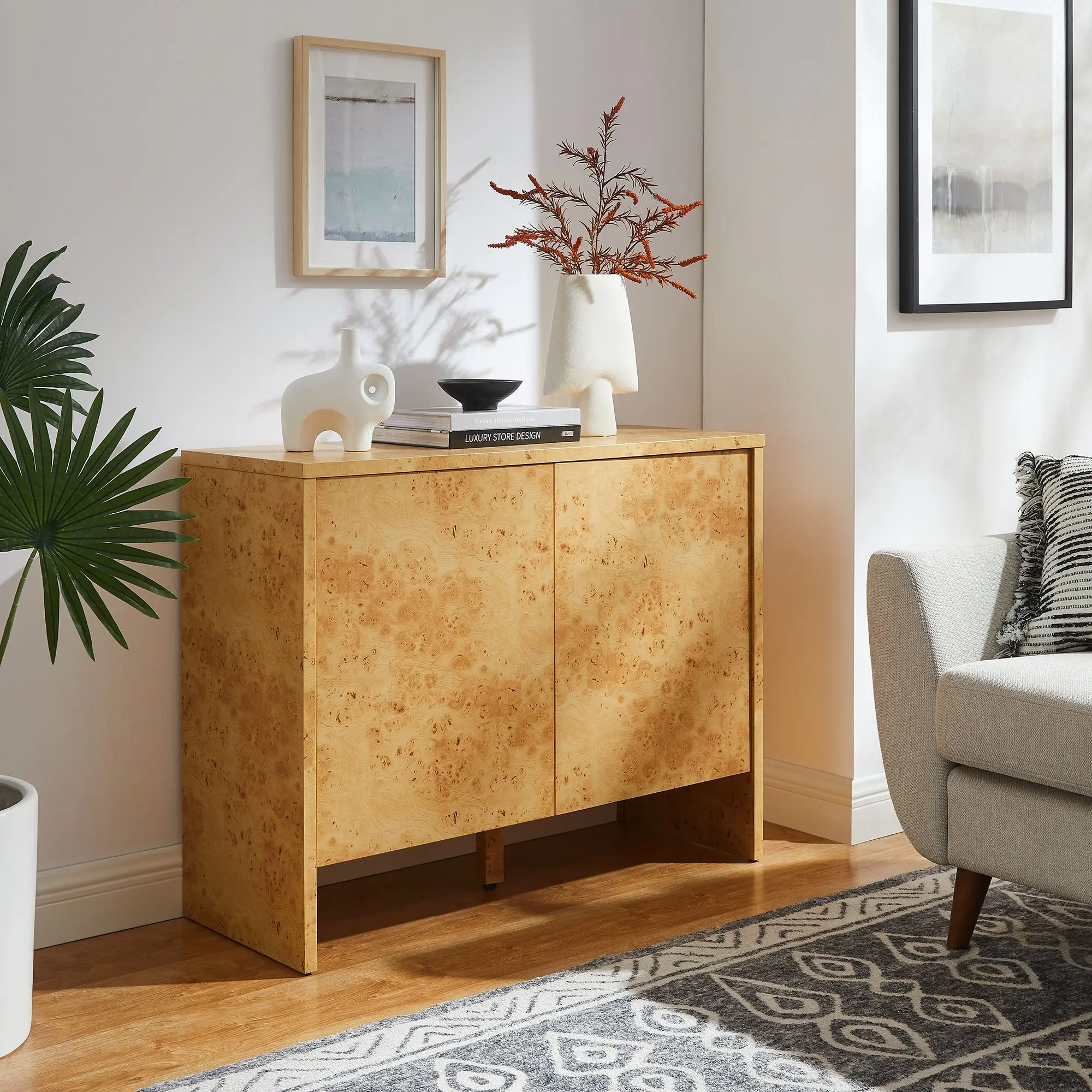 Hudson 40" Burl Wood Paper Laminate Sideboard - Modern Office Credenza Media Cabinet with Storage, Assembly Required Indoor Cupboard, Non-Marking Floor Glides, Furniture for Kitchen & Living Room, Hudson 40" Burl Wood Sideboard