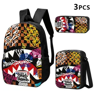 Durable Water Resistant 3-Piece Backpack Set for Kids, Lightweight School Bag with Lunch Box, Featuring Street Graffiti Shark Mouth Full-Print, Brown Checkered Base & Multi-Color Tag Font Graphic for Hip-Hop Street Style Fans Daily School & Casual Use