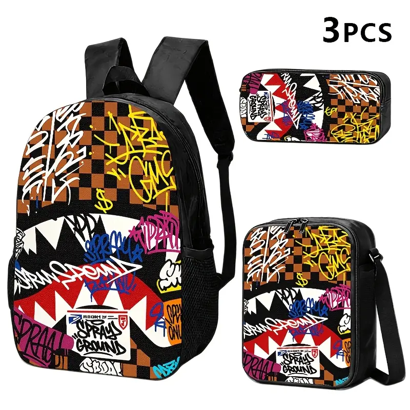 Durable Water Resistant 3-Piece Backpack Set for Kids, Lightweight School Bag with Lunch Box, Featuring Street Graffiti Shark Mouth Full-Print, Brown Checkered Base & Multi-Color Tag Font Graphic for Hip-Hop Street Style Fans Daily School & Casual Use