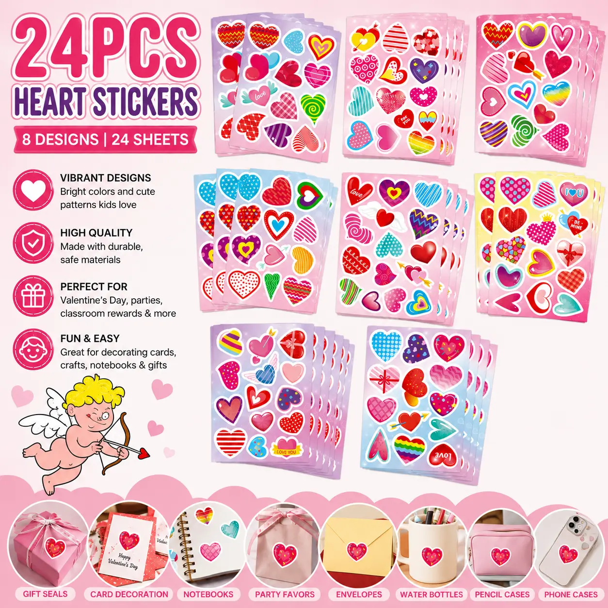 Valentines Stickers 24 Sheets Colorful Love Heart Stickers , Valentine's Day Love Decorative Stickers for Valentine's Day Anniversaries Wedding Party Favors Fun Creativity