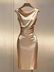 Women's Elegant Satin Ruched Waist Slim Fit Long Dress, Perfect for Dates, Parties, All Seasons, Plain Pattern, Stylish Design