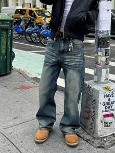 Men's Distressed Water-Washed Wide-Leg Jeans, Trendy Street-Style Drapey Loose Floor-Length Pants, Wide-Leg Casual Deep-Color Retro Y2K Aesthetic Streetwear Pants, the Perfect Gift for Husband or Boyfriend