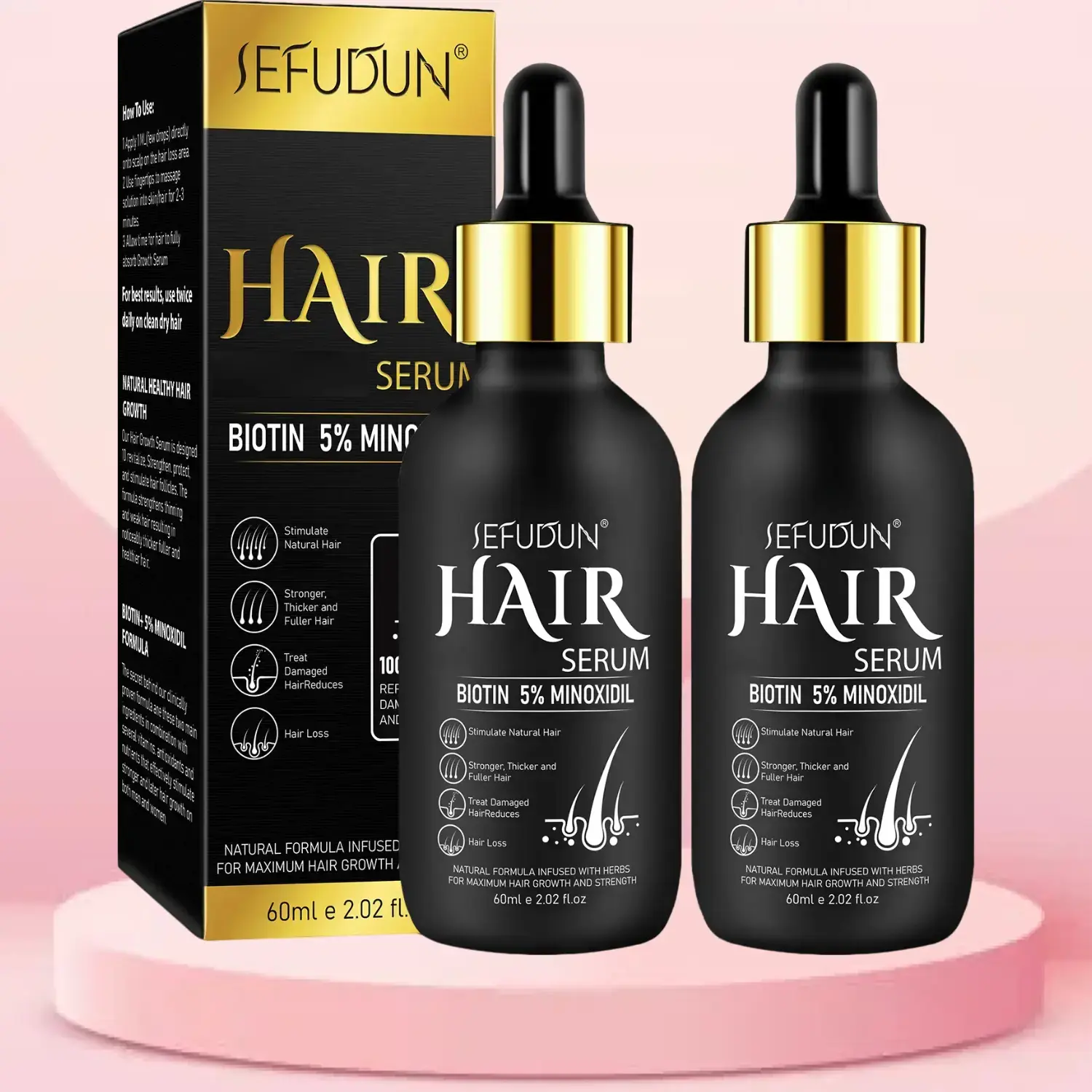 Sefudun Hair Growth Serum, Scalp Treatment Serum, Natural Herbal Formula, Ginseng Extract, Repairs Split Ends, Nourishing Hair Treatment, Nourishes Scalp & Strengthens Hair, Suitable for Men, Hair Care Product, 2 Bottles