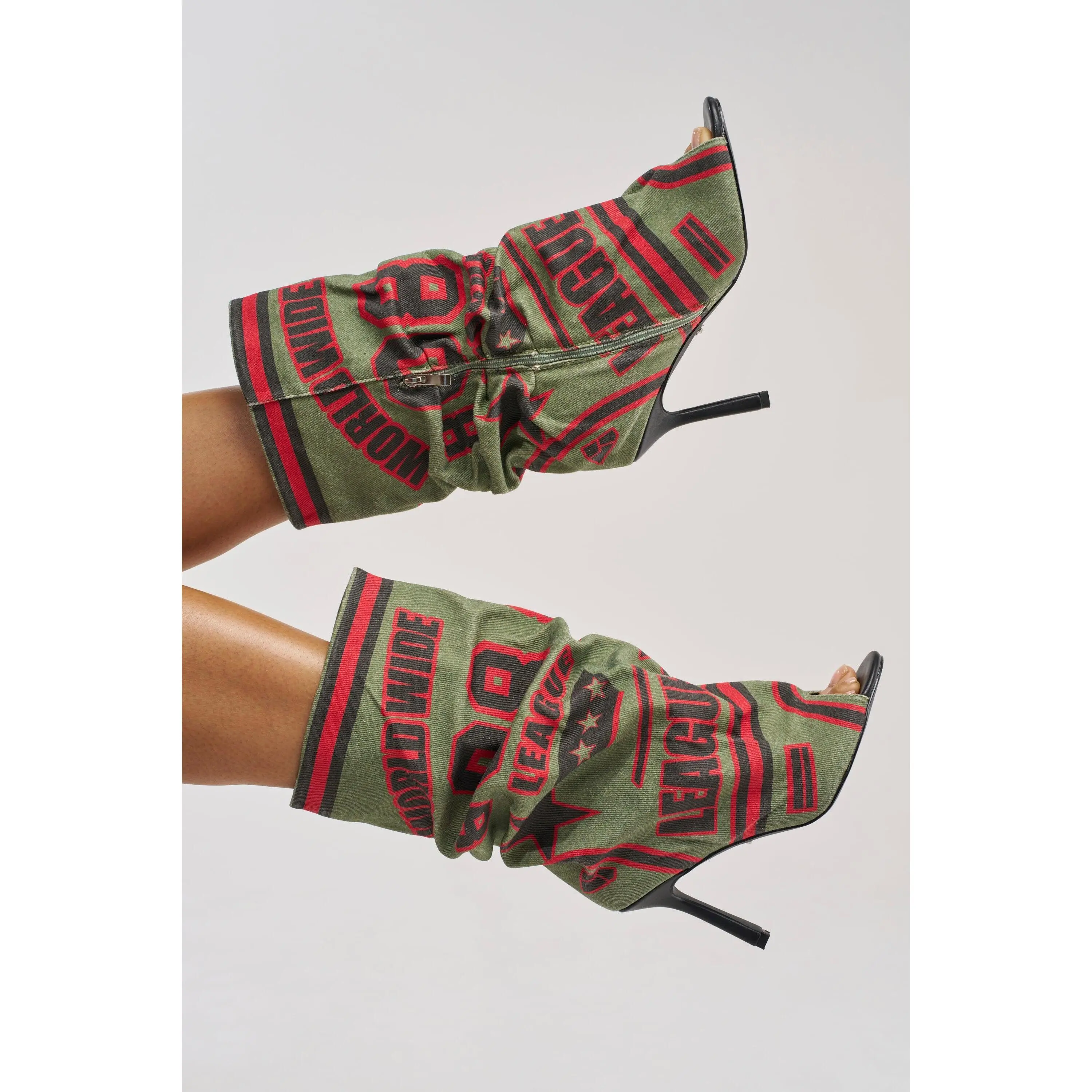 AKIRA GOLD BIG TIME GREEN MULTI CANVAS PRINTED SLOUCH OPEN TOE BOOTIE