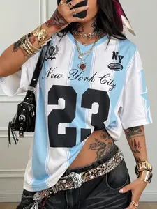 Y2K Retro New York 23 Stripe Mesh Top, V-Neck Sporty T-Shirt, Loose-Fit All over Print Jersey, Women's Hip-Hop Streetwear, Athletic Streetwear