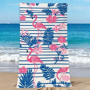 1PC "Flamingo and Floral Pattern Beach Towel – Pink & Blue Stripes Tropical Style Beach Mat for Summer Swimming and Sunbathing" Quick-drying, super absorbent, lightweight and sand-resistant. Ideal as a travel towel for swimming, spa, leisure, fitness, cam