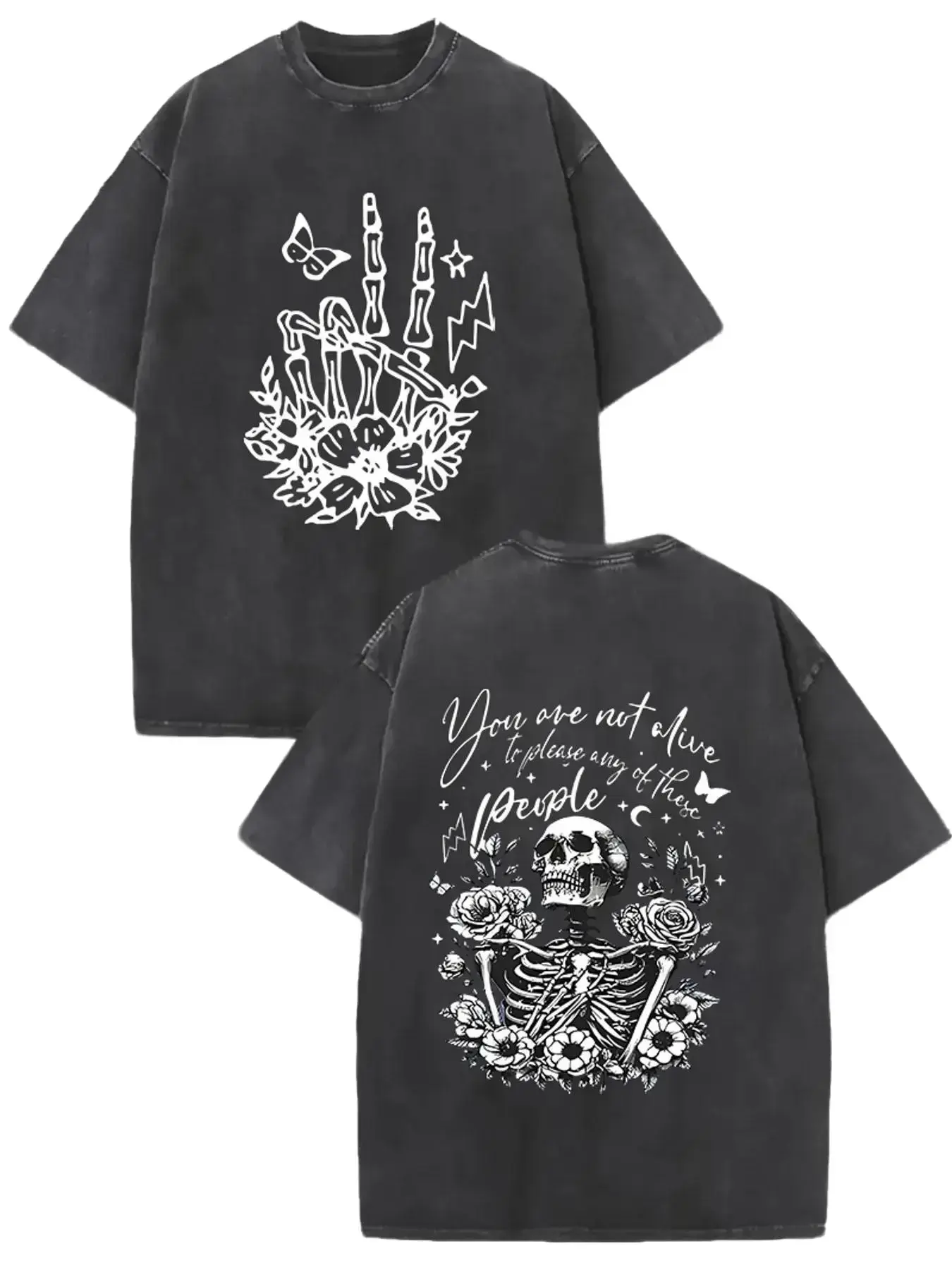 Oversized Vintage Washed Black T Shirt Double Sided Skeleton & Rose Gothic Graphic Tee Unisex Dark Aesthetic Streetwear Short Sleeve Top